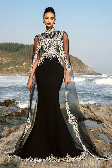 Sparkly Black Mermaid Appliqued Long Formal Dress with Detachable Cape